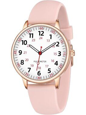 Women Rose Gold Analog Silicone Rubber Band Second Hand Nursing Waterproof Watch
